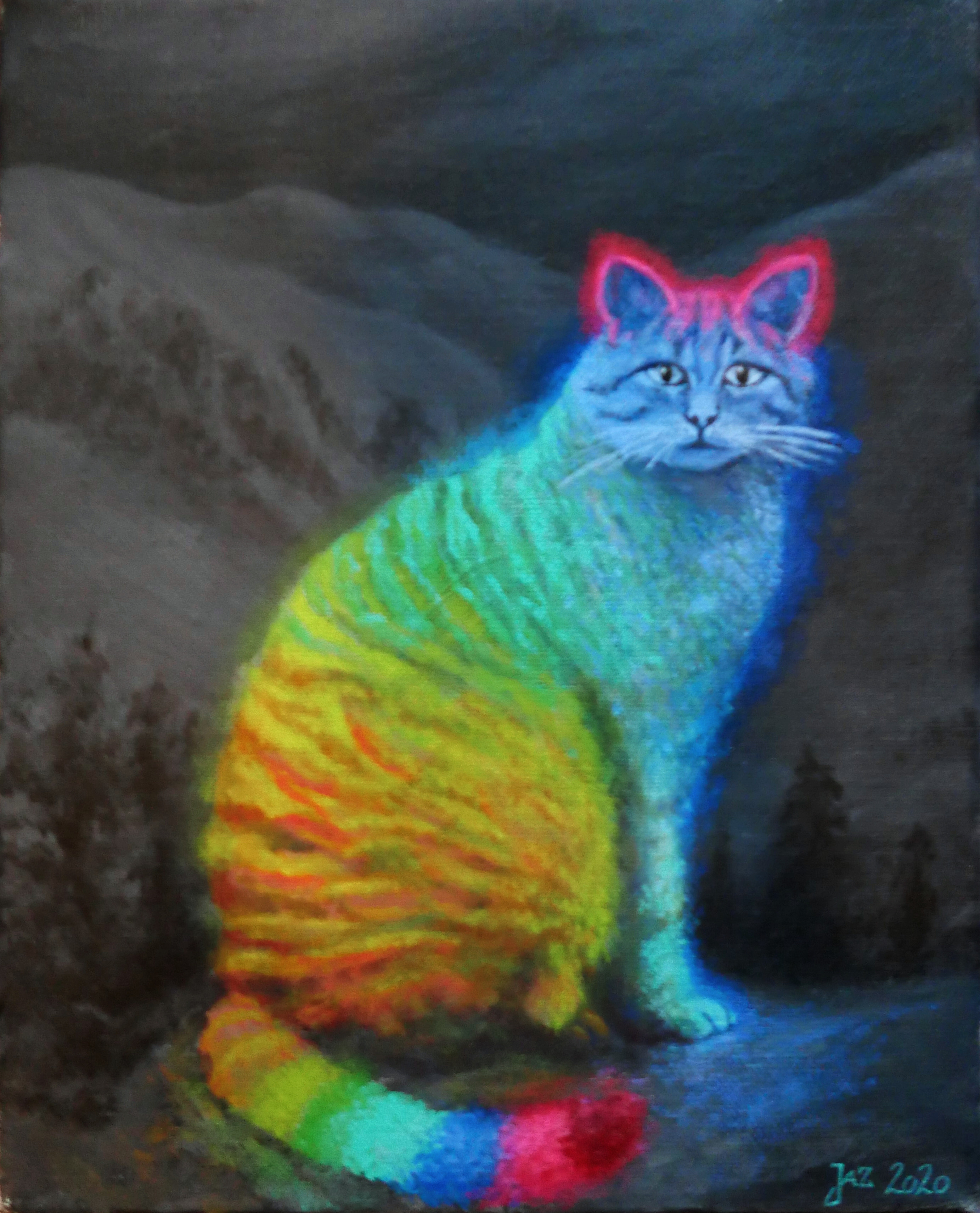 Eine Katze in Spektralfarben, dahinter eine dunkle Berglandschaft.